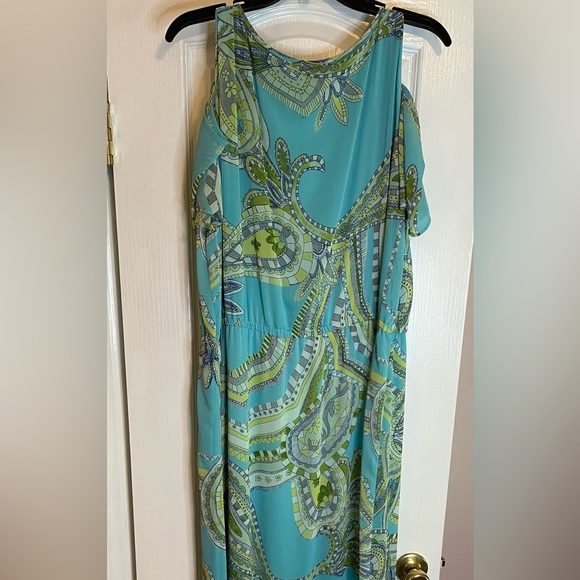 👗Chico’s Sienna Paisley Maxi Dress. Cold shoulder style. Aqua & Green Paisley👗 - Picture 6 of 12
